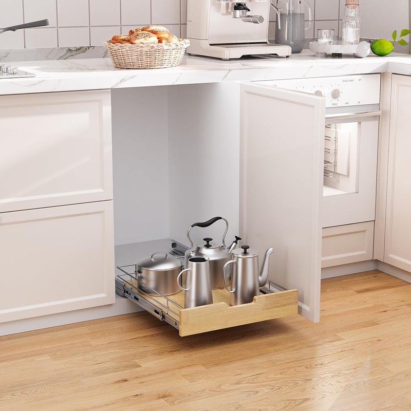 Sikarou Pull Out Cabinet Organizer,Heavy-Duty Slide Out Shelf, Wood And Wire Basket, Pull Out Drawer for for Kitchen Under Sink Space, Pantry, Bathroom (11 * 21 WM) - Image 4